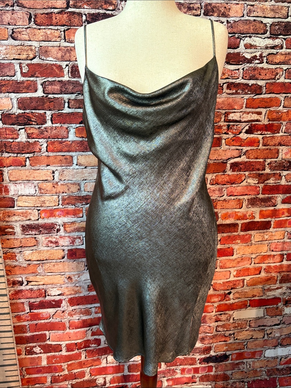 Dynamite Metallic Liquid Gunmetal Cowl Neck Slip Mini Dress Size Large